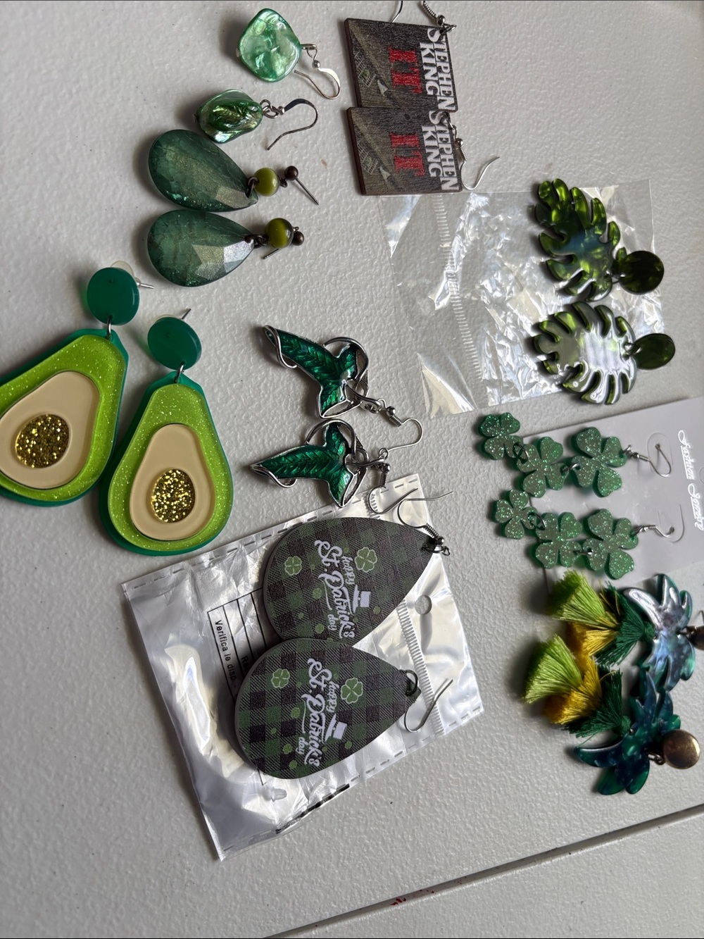 Green Statement Earrings Lot - Avocado, Hummingbird & Shamrock Styles